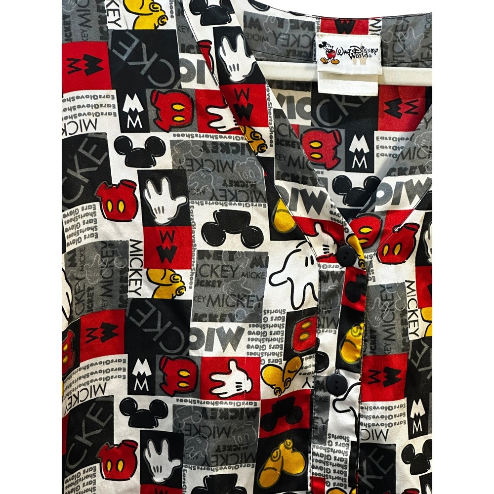 Walt Disney World Mickey Mouse Shirt Small  Red Black Rayon All Over Print Vtg